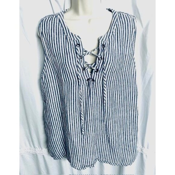 Christian Siriano 100% Linen Women Sleeveless Stripped Blue Adjust Front ties XL - Picture 2 of 7